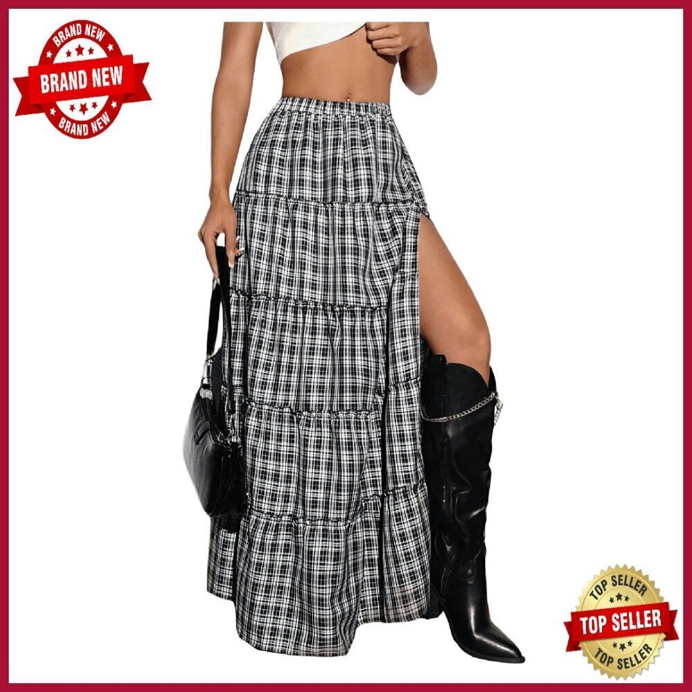 Women's Plaid Maxi Skirt High Slit Tiered Ruffle Vintage Y2K